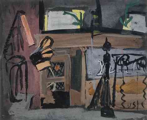 Tinsmith Shop, Gouache on black paper, 12 x 14, 1938
