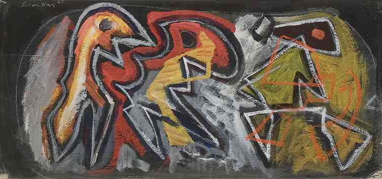 Three Abstract Figures, chalk on board, 8 x 17, 1945