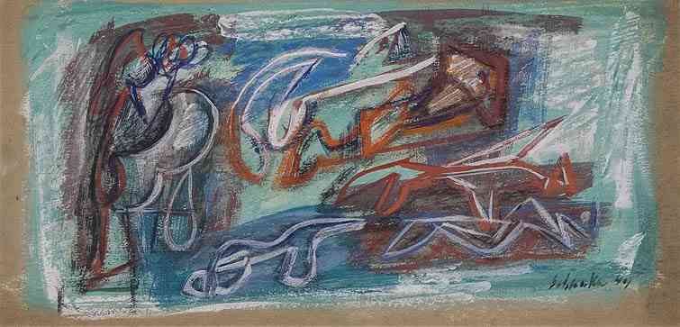 Abstraction in Turquoise and Red, chalk on board, 8 x 17, 1944