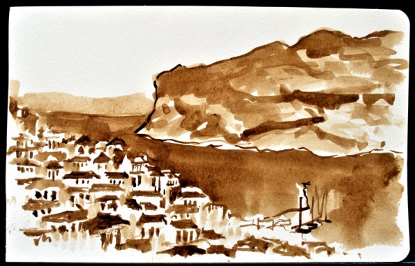 Skopelos Harbor, Greece, Ink Wash, 8"x5"