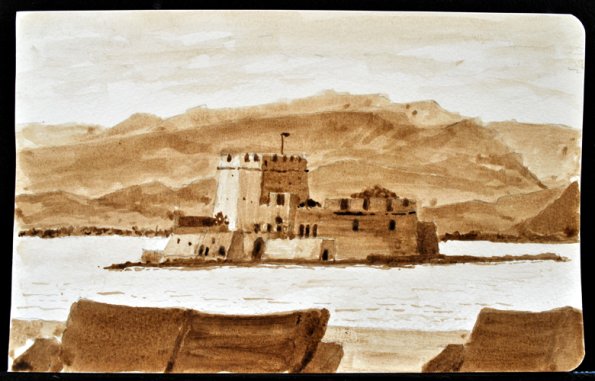 Nafplion Harbor, Greece, Ink Wash, 8"x5"