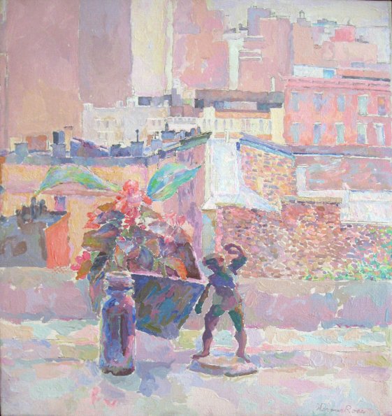 Begonia and Rooftops, oil on canvas, 17x16, 1980