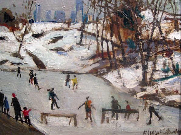 Skating In Central Park, oil on board 7x10