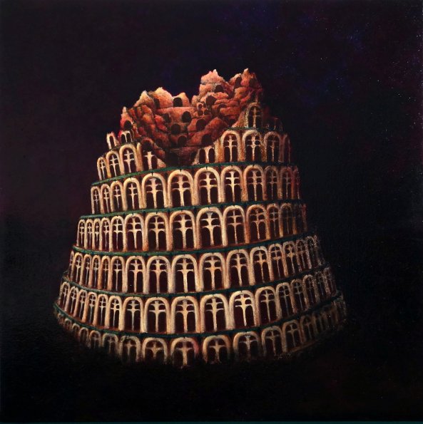 Tower of Babel (Wishing I were Breughel), 36 x 36 inches, Oil on Canvas