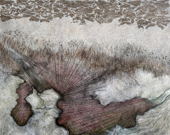 Migration, Acrylic, pencil, wasp nest, acrylic medium on canvas, 40 x 50 inches