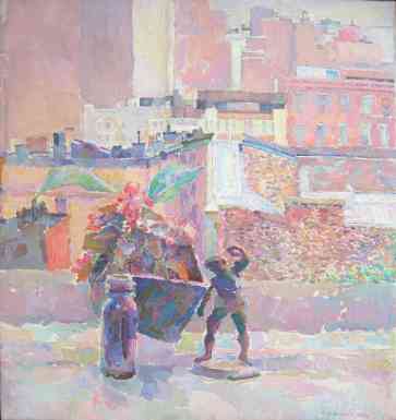  Begonia and Rooftops, oil on canvas, 17x16, 1980