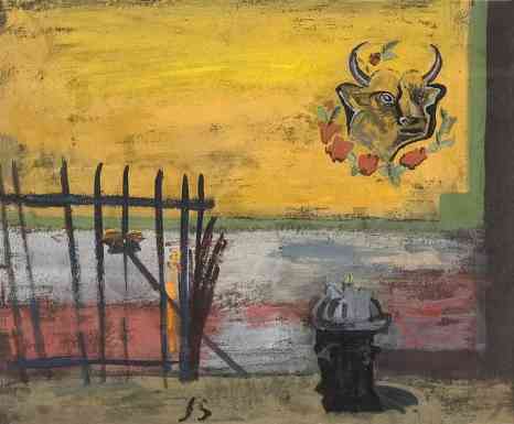 Hydrant and Fence, gouache, 9 1/2 x 11, 1937